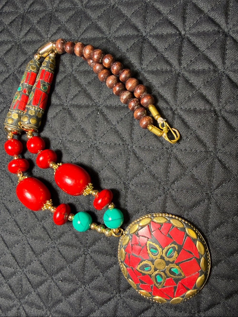 Red and Turquoise Mosaic Pendant Necklace with Gold Accents